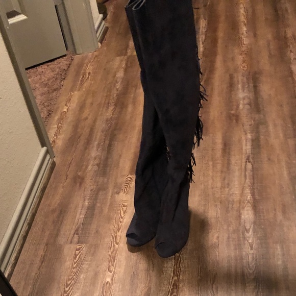 Thigh high blue fringe open toe boots - Picture 2 of 5